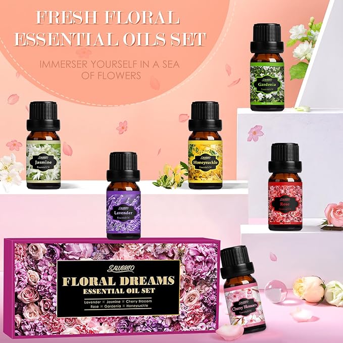 SALUBRITO Floral Fragrance Oils Set, Essential Oils for Diffuser & Candle Making Scents, 6x10ml Aromatherapy Oils Gift Set - Jasmine, Lavender, Rose, Gardenia, Cherry Blossom, Honeysuckle Oil