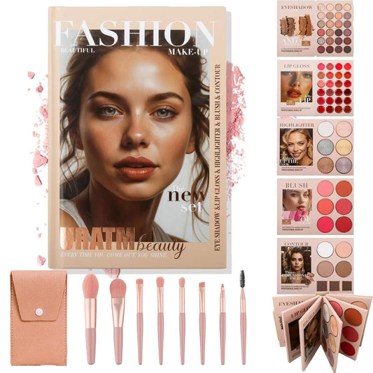 67 Pro Color Makeup Book Palette, 5-Layer Professional Kit with Eyeshadow Blush Highlighter Bronzer, Complete Portable Travel Makeup Set with 8 Brush Set (Makeup book+8 * pink makeup brush set)