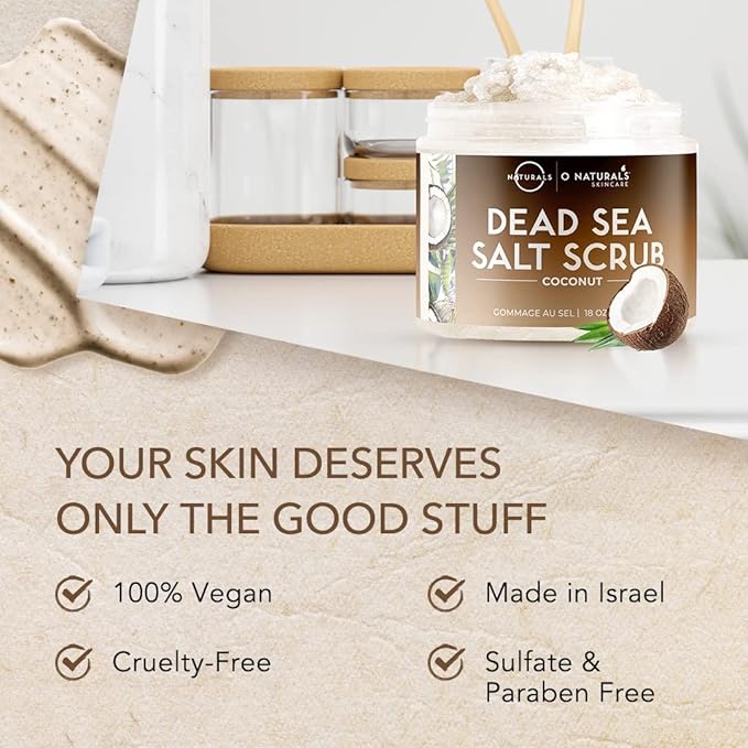 O Naturals Exfoliating Coconut Oil Dead Sea Salt Deep-Cleansing Face & Body Scrub. Anti-Cellulite Tones Helps Oily Skin, Acne, Ingrown Hairs & Dead Skin Remover. Essential Oils, Sweet Almond 18oz
