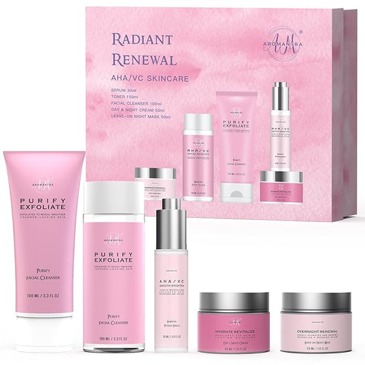 Skin Care Set, AHA+Vitamin C Skincare Routine Kit, 5 in 1 Facial Skin Care Essential for Daily Hydrating w/Cleanser, Toner, Serum, Moisturizer, and Mask, Gifts For Women and Teenage Girls
