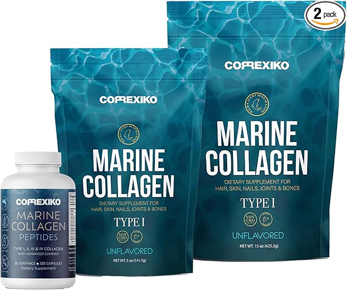 CORREXIKO Marine Collagen Supplement Pills & Powder Bundle - Includes 10,000mg Double Hydrolyzed Collagen Powder 15 oz & 5oz and 1800mg Collagen Peptides 120 Capsules - for Hair, Skin & Nails