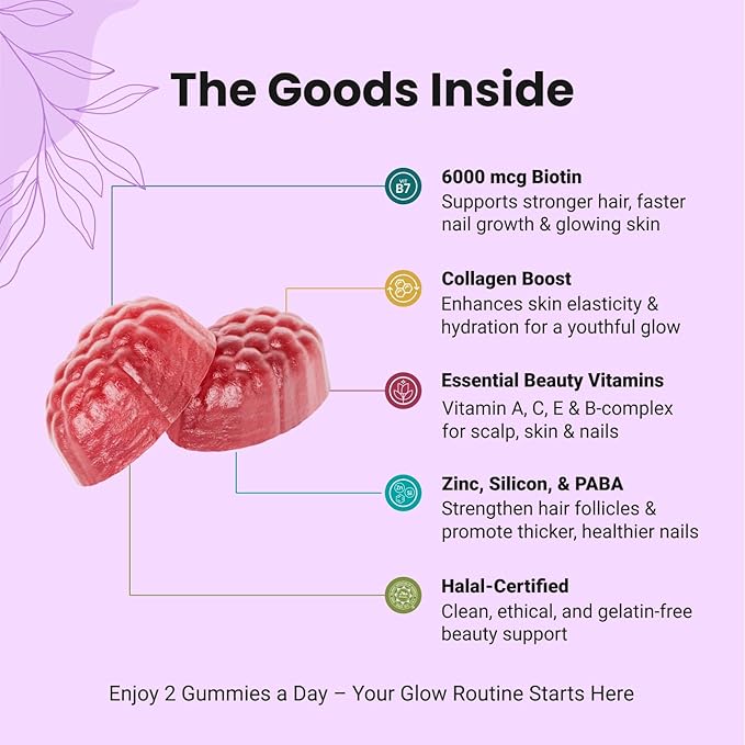 Halal Certified Hair, Skin, & Nails Gummies - Packed with Biotin, Collagen, Folate, & Essential Beauty Vitamins for Strong Hair, Glowing Skin & Healthy Nails - Easy Digestion & High Absorption - 60 ct