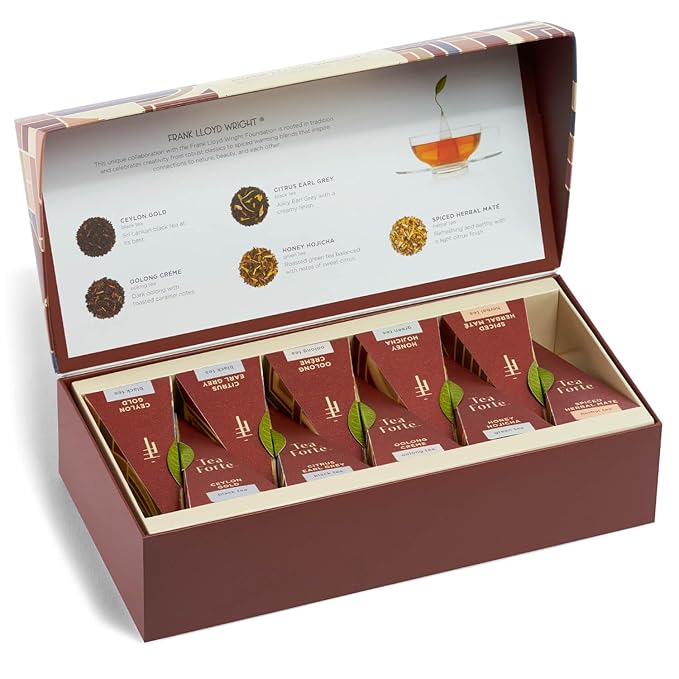Tea Forte Frank Lloyd Wright Petite Presentation Box Tea Gift Set Sampler, 10 Count, 2 of Each Variety Individually Wrapped Handcrafted Pyramid Infuser Bags