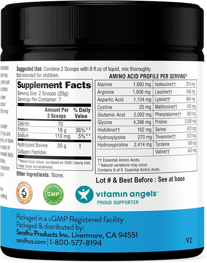 Sandhu's Collagen Peptides Powder|4.9 oz Unflavored| Grass-Fed Hydrolyzed Bovine Collagen | Supports Youthful Skin, Hair, Nails, Mobility, Flexibility, & Bone Health