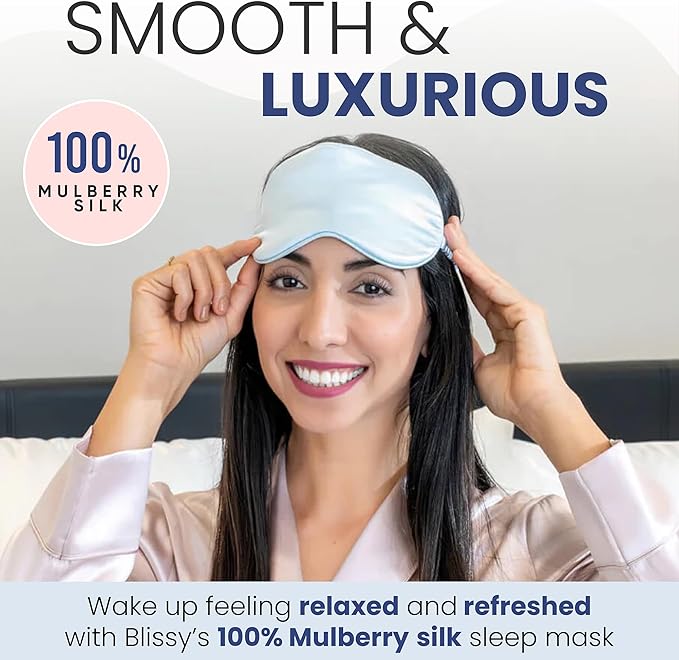 Blissy Silk Sleep Mask - Silk Eye Sleeping Mask for Women & Men for Total Blackout - 100% Pure Mulberry Silk, 22 Momme 6a Fibers - Blindfold Silk Sleep Mask Side Sleeper Eye Cover (Sky Blue)