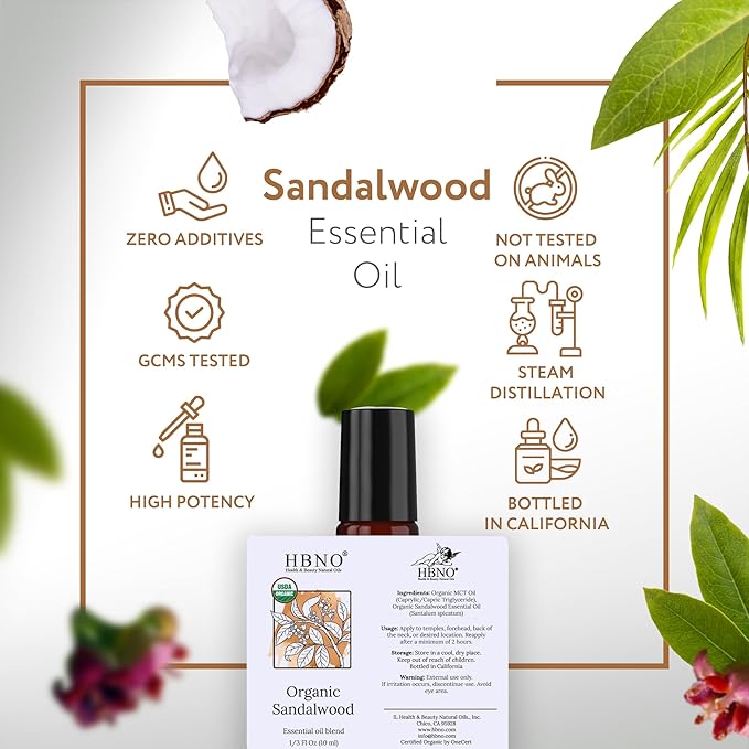 HBNO Organic Australian Sandalwood Essential Oil Roll-On -1/3oz(10 ml) Travel Size-USDA Certified Organic Sandalwood and Mct OilsPerfect for Traveling,Aromatherapy,Massage,perfumes,moisturizer