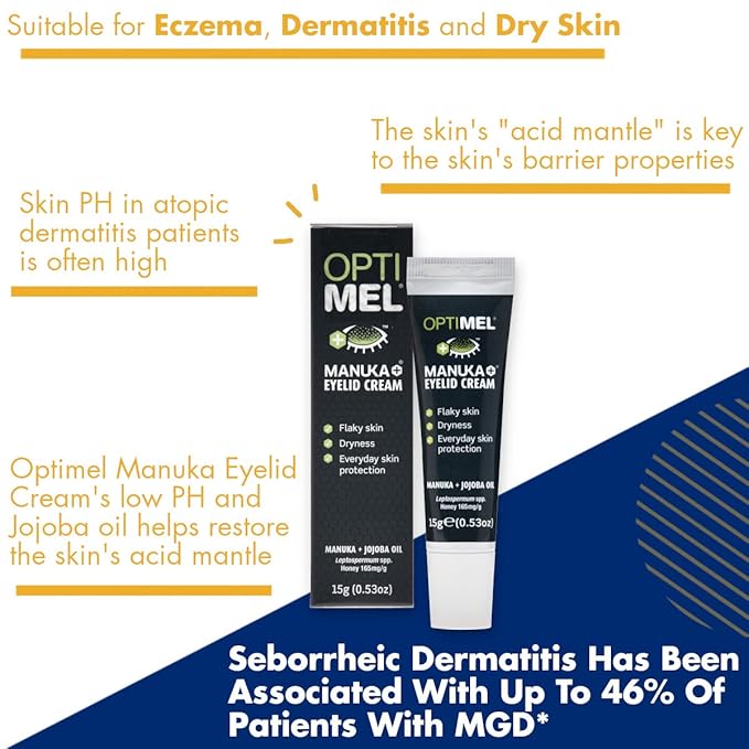 Optimel® Manuka+® Eyelid Cream, with Manuka Honey & Jojoba Oil, Restores Skin's Natural Structure, Soothes Flaky, Dry Skin - Ideal for Blepharitis, MGD, Seborrheic Dermatitis, Rosacea, & Eczema, 15g