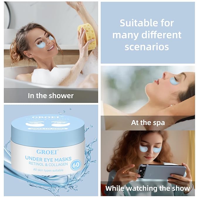 Under Eye Masks 60PCS – Retinol & Collagen Eye Patches for Dark Circles and Puffiness, Hydrating Cooling Under Eye Pads for Women & Men, Skin-Firming Gel Patches for All Skin Types (1PC)