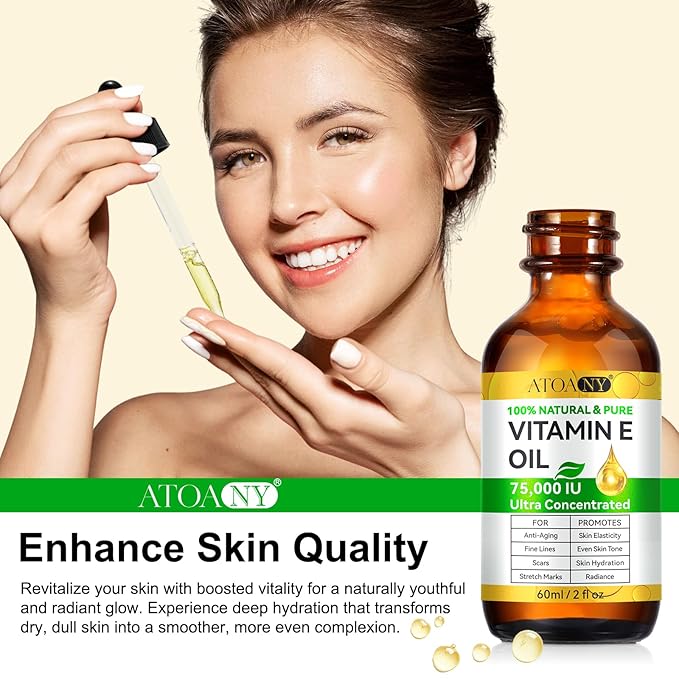 Vitamin E Oil 75,000 IU – 100% Pure Natural Vitamin E for Skin, Face, Hair, Scars – Deep Moisturizing Body Oil for Dry Skin, Wrinkles – Cold-Pressed, Non-GMO,Organic Skincare – 2 Fl Oz