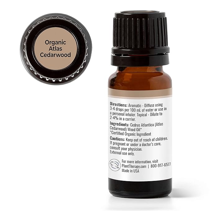 Plant Therapy Organic Atlas Cedarwood Essential Oil 100% Pure, USDA Certified Organic, Undiluted, Natural Aromatherapy for Diffusion, Skin, and Hair, Therapeutic Grade 10 mL (1/3 oz)