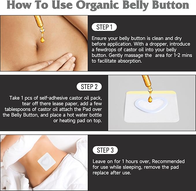 10Pcs Castor Oil Pack Wrap in Belly Button for Liver Detox, Highly Absorbent Self-Adhesive Castor Oil Wrap Organic Cotton, Anti-Seepage(Oil Not Included)