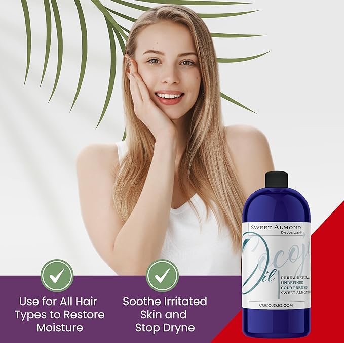 Dr Joe Lab Sweet Almond Oil for Hair, Sweet Almond Oil for Skin, Body, Nails, Pure Natural Cold Pressed Unrefined Extra Virgin Moisturizes & Nourishes - 32 Fl Oz - Packaging May Vary
