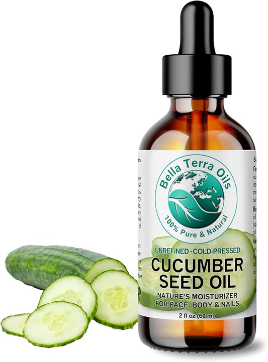 Bella Terra Oils - Cucumber Seed Oil 2 oz - Cold-Pressed Marvel, Packed with Vitamin E, B1, B2 & B3, Omega-6 Fatty Acids, Perfect Complement to Your Skin Regimen