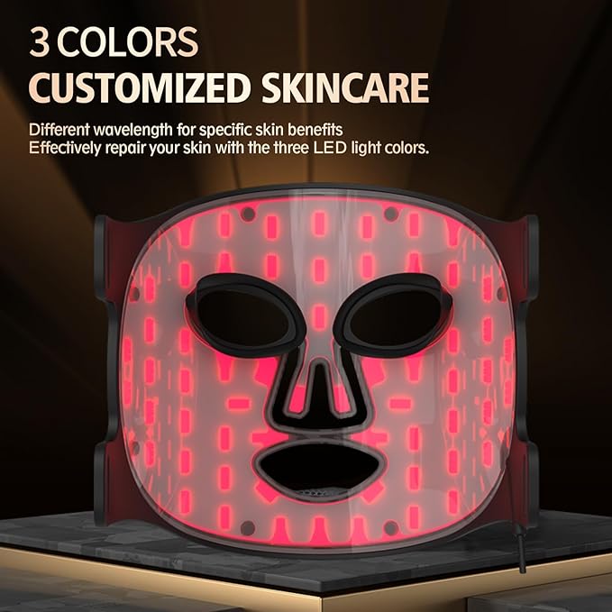LED Face Mask 3 Colors Light Therapy Facial Photon Beauty Device Skin Care at Home for Facial Rejuvenation, Wrinkles Reduction, Anti-Aging (Black)