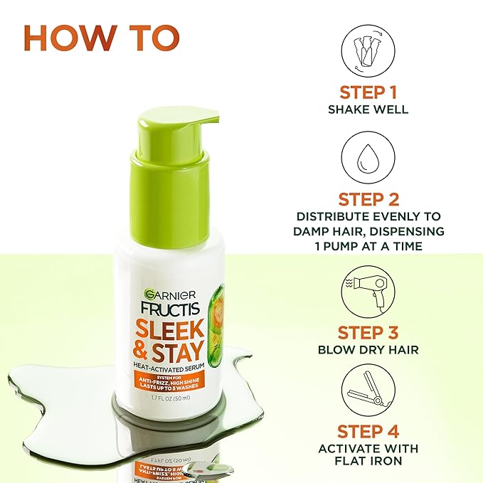 Garnier Fructis Sleek and Shine Sleek and Stay Hair Serum for Frizzy, Dry Hair, Heat Protectant Formulated with Alpha Silane, 1.7 Fl Oz