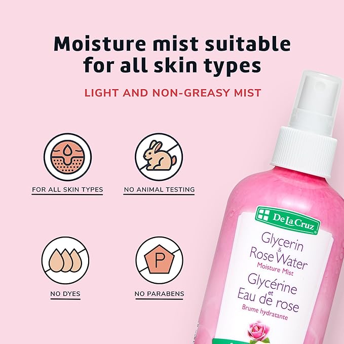De La Cruz Rose Water and Glycerin Spray for Face - Rosewater Facial Toner and Moisturizer Mist for Skin and Hair 8 fl oz (236 mL)