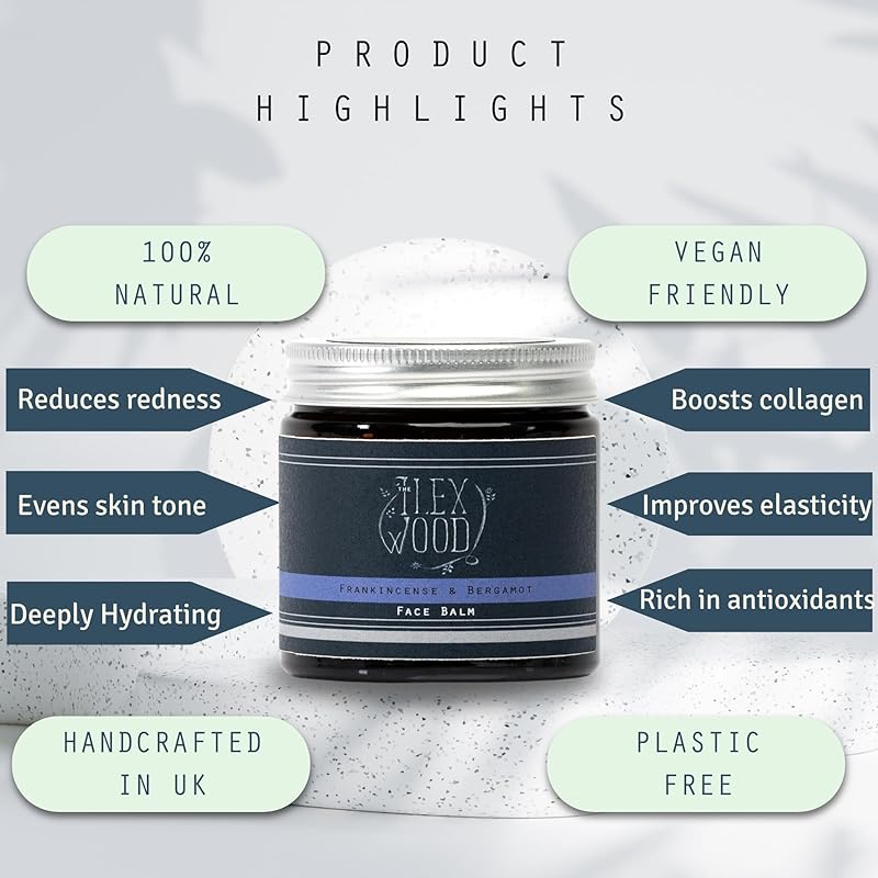 The Ilex Wood - Frankincense and Bergamot Face Balm - 100% Natural, Vegan, Moisturising, Anti Ageing, Wrinkle and Line Reducing Ingredients, Cruelty Free - 60ml (2.03 fl oz)