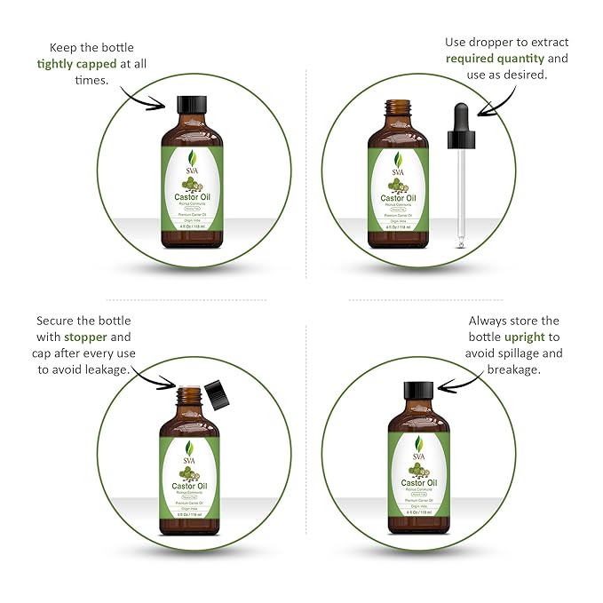SVA Castor Seed Oil - 4 Fl Oz – 100% Natural Cold Pressed Castor Oil - for Face, Skin Care, Hair Care, Scalp Massage & Body Massage – Carrier Oil with Dropper