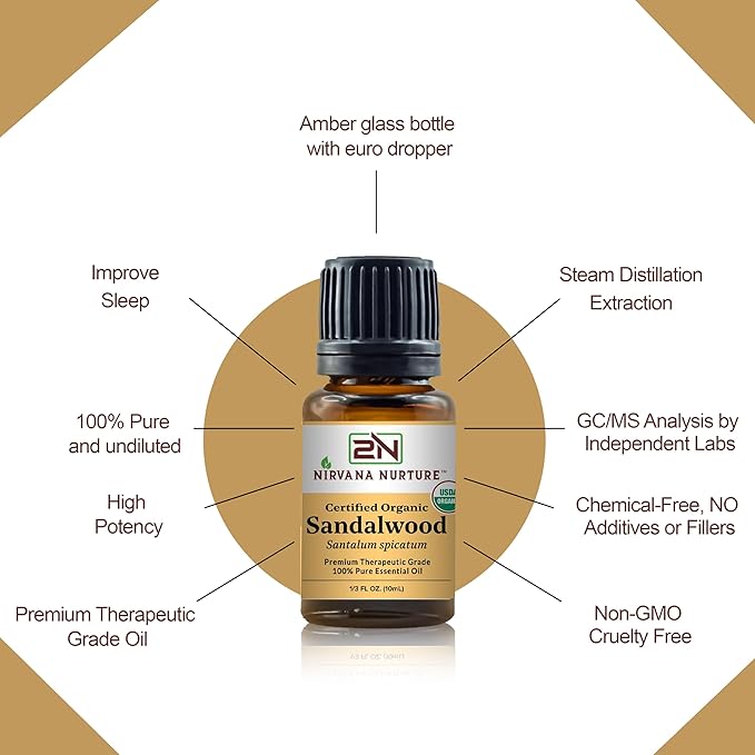Sandalwood Essential Oil USDA Certified Organic 100% Pure Premium Therapeutic Grade, Undiluted - Aromatherapy Diffuser for Calm and Relaxation, Skin Care, Hair Care