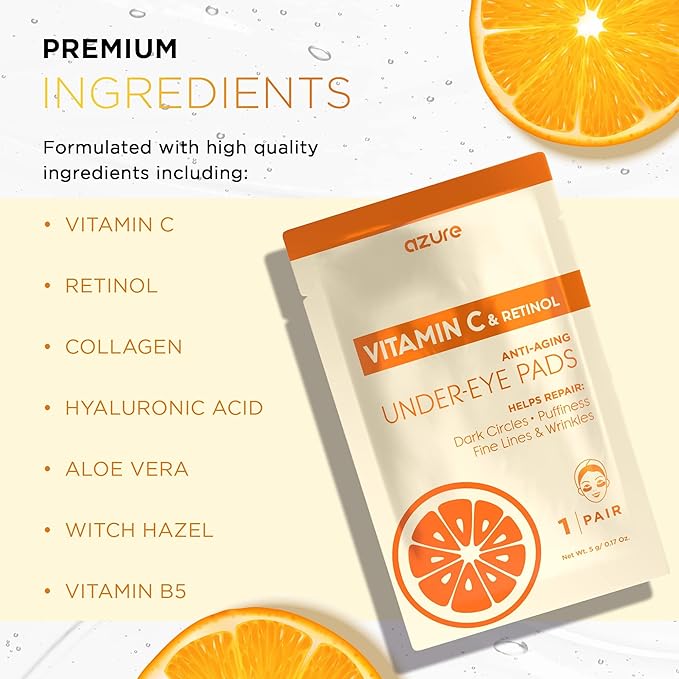 AZURE Vitamin C Under Eye Pads - Anti Aging, Lifting & Moisturizing Eye Mask Patches - Reduces Fine Lines, Wrinkles, Dark Circles & Puffiness - Skin Care Made in Korea - 10 Pairs