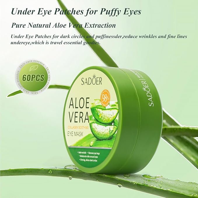 Under Eye Patches for Puffy Eyes and Dark Circles – 60 PCS Aloe Vera Under Eye Mask with Pure Natural Extracts to Combat Puffiness, Fine Lines, Wrinkles, and Bags