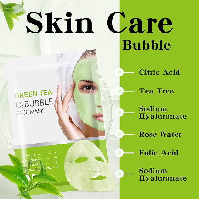 IREV 10 Pack Green Tea O2 Bubble Face Masks Sheet, Bubble Facial Mask, Foaming Face Mask, Purifying Facial Mask for Acne and Pores, Moisturizing Spa Face Masks Skincare, Brightening Beauty Masks