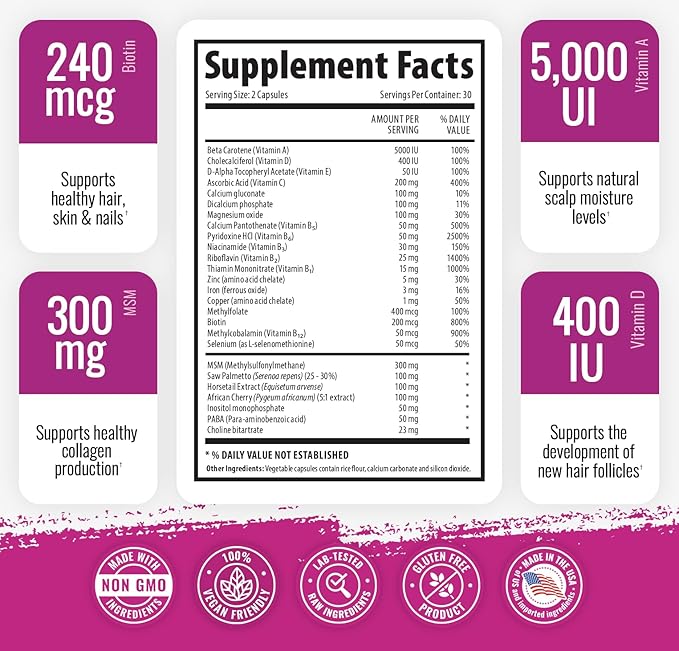 Hair, Skin and Nails Vitamin Supplement with Biotin, Each Bottle Contains 26 Essential Vitamins, 3 Bottle Pack, Growth Formula for Men and Women