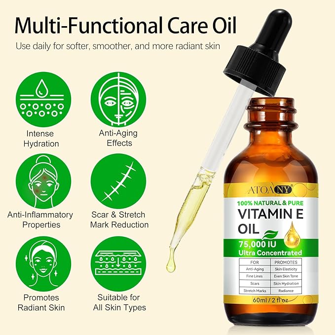 Vitamin E Oil 75,000 IU – 100% Pure Natural Vitamin E for Skin, Face, Hair, Scars – Deep Moisturizing Body Oil for Dry Skin, Wrinkles – Cold-Pressed, Non-GMO,Organic Skincare – 2 Fl Oz