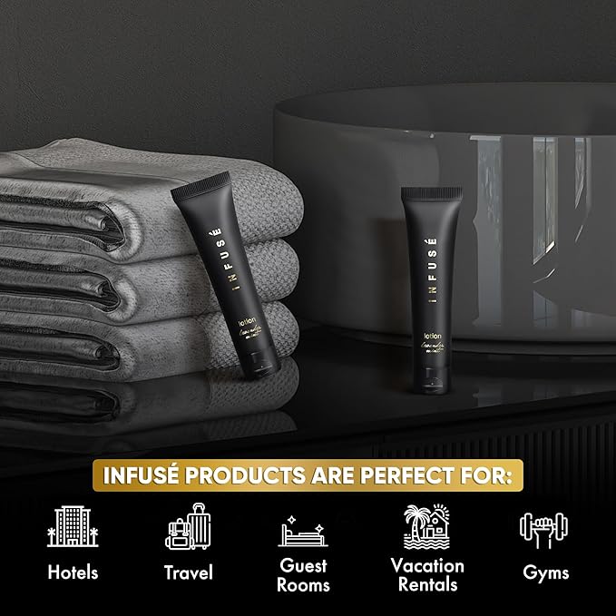 Infuse Black Hotel Toiletries Bulk | 1 oz Lotion Travel Size | For Hotels, Vacation Rentals, Gym, Luxury, Airport | Case of 20