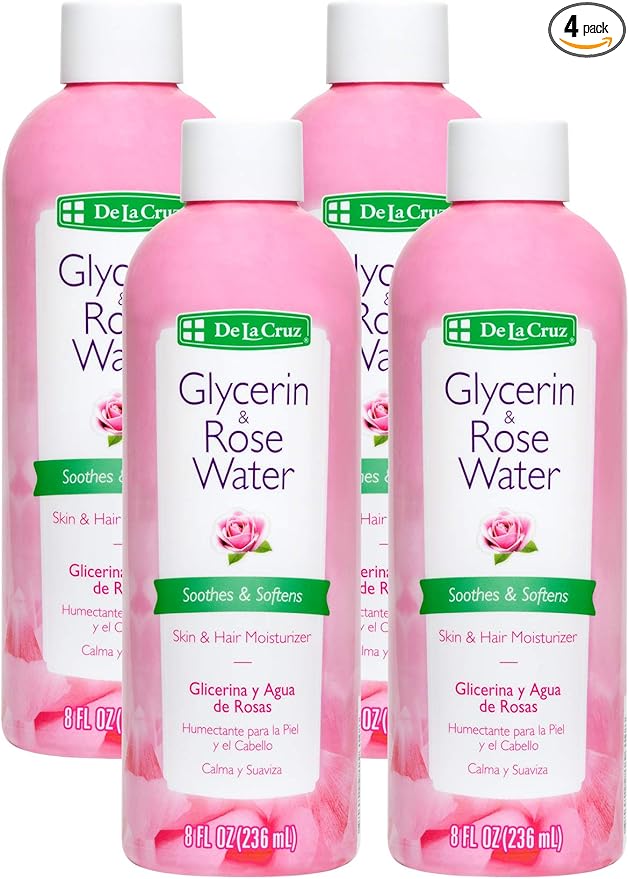 De La Cruz Rose Water and Glycerin for Face - Rosewater Facial Toner and Moisturizer for Skin and Hair 8 fl oz (236 mL) - 4 Bottles