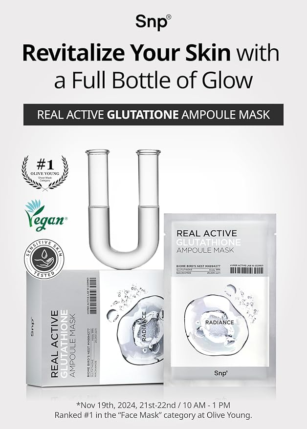 [K Beauty] Real Active Glutathione Ampoule Sheet Mask | Vegan Face Mask with Glutathione & Niacinamide | Revitalizing and Balancing for All Skin Types | Korean Face Masks Skincare | 10 Sheets