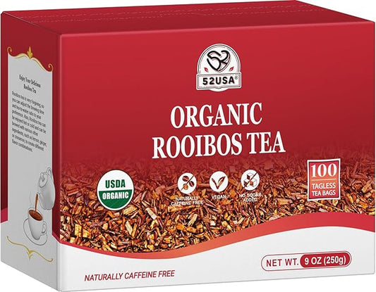 52USA Rooibos Tea Organic, 100 Tea bags, Pure Premuim Rooibos Tea, Naturally Sweet Herbal Tea, Caffeine Free Rooibos Tea, Farmed in South Africa, 9oz (250g)