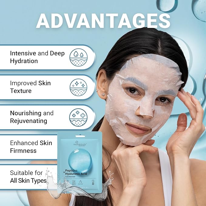 8 Pack Hyaluronic Acid Face Mask with Peptides Complex - Deep Hydrating & Brightening Facial Sheet Mask - Moisturizing Face Masks Skincare Facial Sheets for All Skin Types