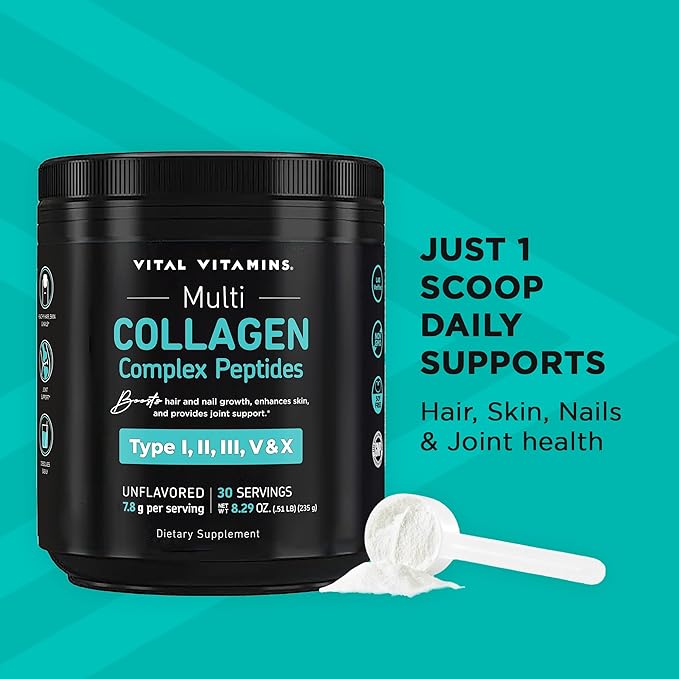 Vital Vitamins Multi Collagen Peptides Powder - Unflavored, Easy to Dissolve - Type I, II, III, V, X - for Women & Men - Promotes Hair, Skin, Nails, & Joint Health - 30 Servings