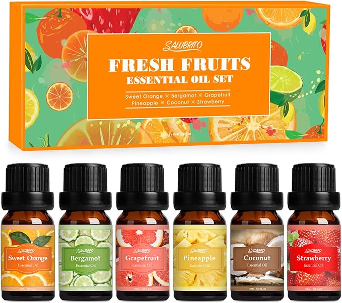 SALUBRITO Fresh Fruit Fragrance Oils Set, Essential Oils for Diffuser, Candle, Soap Making - Strawberry, Sweet Orange, Pineapple, Coconut, Bergamot, Grapefruit, 6X10ml