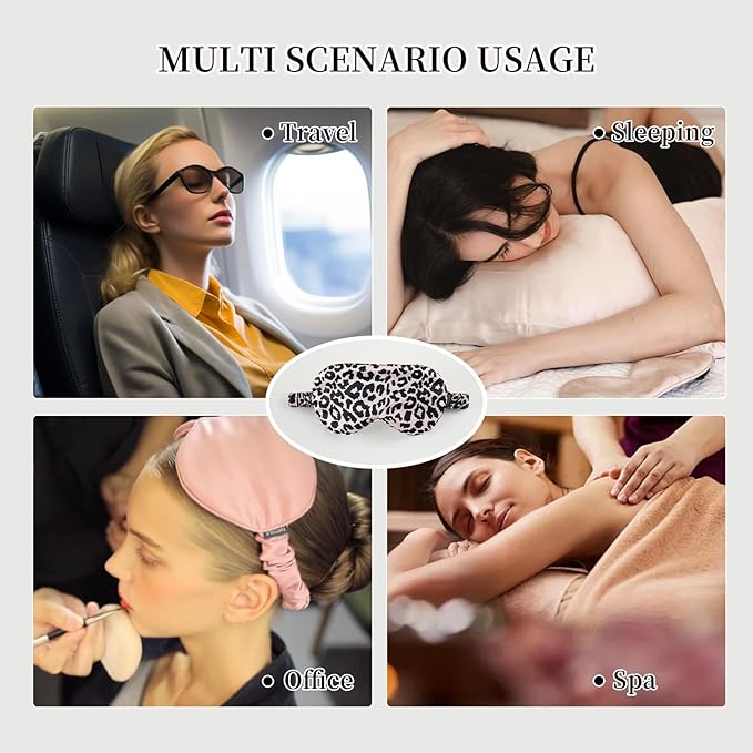 THXSILK Sleep Mask 100% 19 Momme Pure Mulberry Silk Super Smooth Cooling Decorative Sleep Eye Mask Blackout Eye Cover with Wide Head Strap, Leopard-Pink