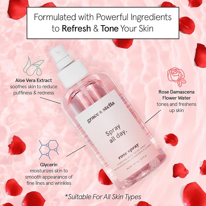 grace & stella Award Winning Rose Water Facial Spray (30ml) - Vegan - Rose Water Spray Toner for Face - Rose Spray Facial Mist - Rosewater Spray Rose Hydrosol