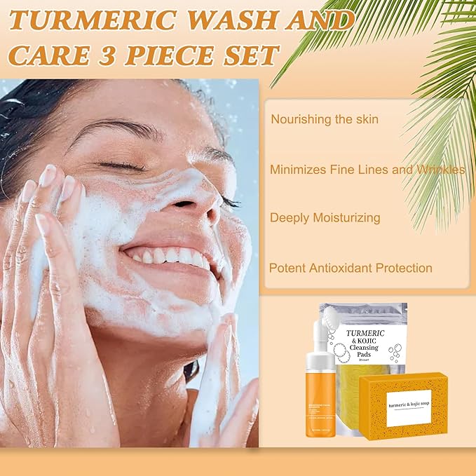 4Pcs Turmeric Wash and Care Three Piece Set,Turmeric Trio: Facial Wash,Cleansing Mousse & Soap for Skin Care,Turmeric Cleansing Exfoliating Pads,Turmeric Face Wash for Face & Body