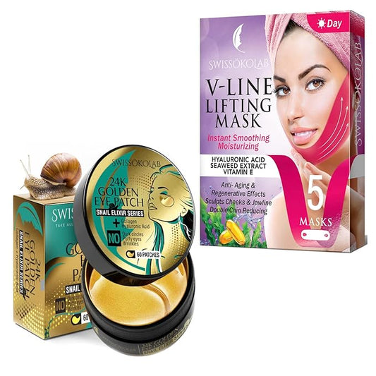 SWISSÖKOLAB Double Chin Reducer V Line Lifting Mask + Under Eye Patches For Puffy Eyes 24k Gold Eye Mask For Dark Circles