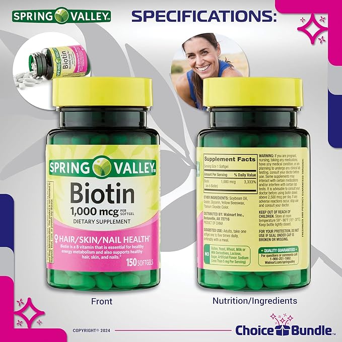 Spring Valley Biotin Softgels 1000mcg Dietary Supplement for Hair Skin Nail Health 150 Ct 4 pk (600 Total) + Vitamin Guide & Pill Container (6 Items)!