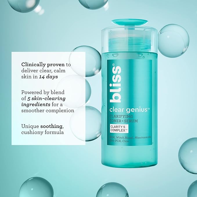 Bliss Daily Acne Routine Kit, 2pc Set- Clear Genius Toner + Serum, and Cleanser - Cleanse and Tone for Acne- Clean, Vegan, Cruelty-Free Skincare