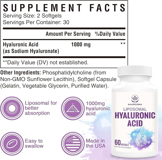 Liposomal Hyaluronic Acid 1000mg, High BioavailabilityHyaluronic Acid Capsules, Dietary Supplement Support Skin and Joint Lubrication, 240 Capsules (Pack of 4)