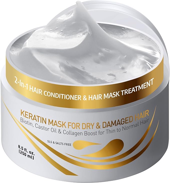 VITAMINS hair cosmetics Keratin Hair Mask Deep Conditioner - Biotin Collagen Protein & Castor Oil Repair for Dry Damaged Hair - Conditioning Treatment for Curly or Straight Thin Fine Locks