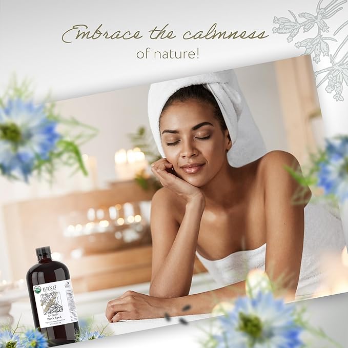 HBNO Organic Black Seed Oil - Huge 32oz (950ml) Glass Bottle Value Size - USDA Certified Organic Black Seed Oil, Cold Pressed for Face, Body, Lips, Shampoo & Conditioner