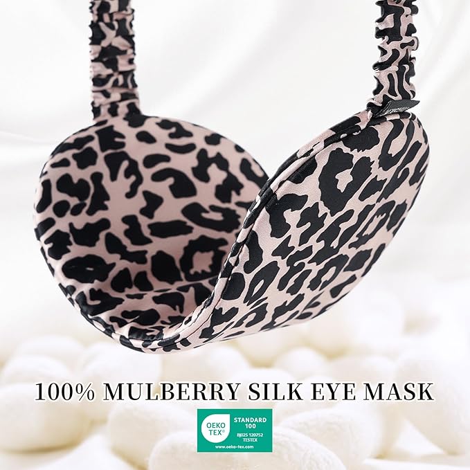 THXSILK Sleep Mask 100% 19 Momme Pure Mulberry Silk Super Smooth Cooling Decorative Sleep Eye Mask Blackout Eye Cover with Wide Head Strap, Leopard-Pink