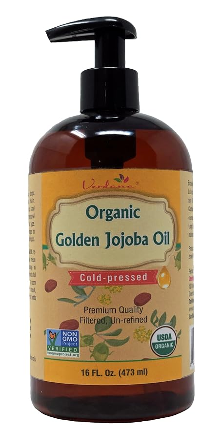 Verdana Organic Golden Jojoba Oil – 16 fl oz with Pump - USDA, Non GMO - Cold Pressed, Unrefined, Hexane Free - Bulk, Moisturizing Oil for Skin, Body, Face, Hair, Scalp, Nails and Cuticles