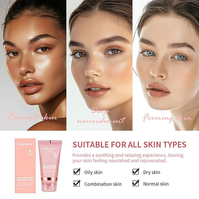 Collagen Night Wrapping Mask, Overnight Peel Off Facial Mask Pack, Reduces Sagging, Hydrates and Tightens Skin, Hydrolyzed Collagen For Glowing, 2.53 fl.oz