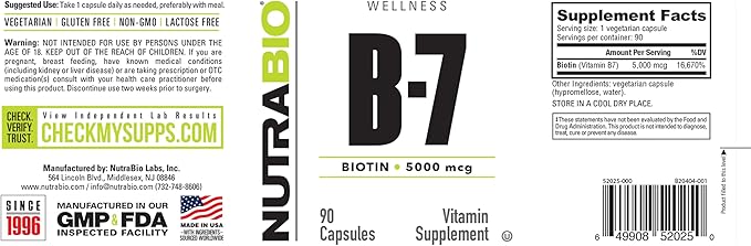 NutraBio Biotin (Vitamin B-7) Supplement, 5000mcg - May Help Promote Healthy Hair, Skin, and Nails, 90 Vegetable Capsules