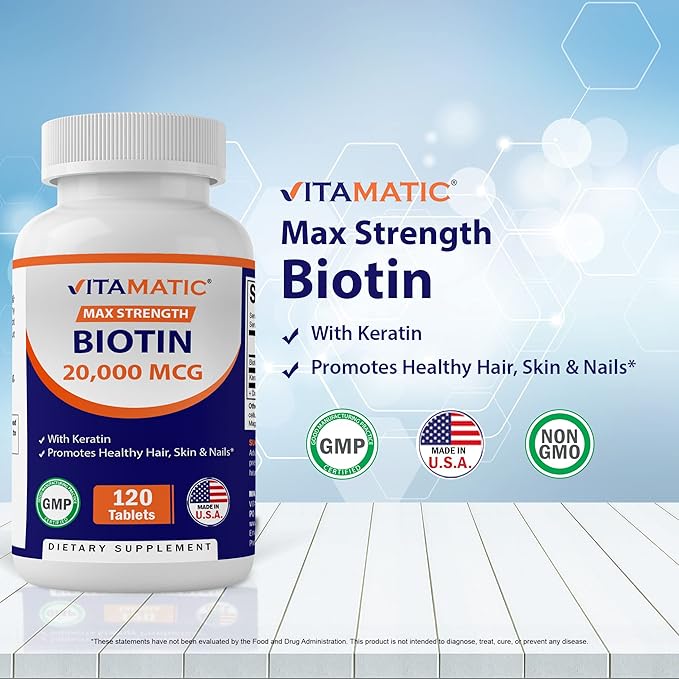 Vitamatic High Potency Biotin 20000 mcg (20mg) with Keratin 100mg - 120 Vegetarian Tablets - Biotin Supplements for Healthy Hair Skin & Nails for Adults (120 Count (Pack of 3))