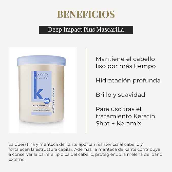 SALERM - Hydrating Hair Mask - Deep Impact Plus - 1000 ml - Deep Hair Hydration - For Use After Keratin Shot + Keramix Treatment - Smooth and Straight Hair